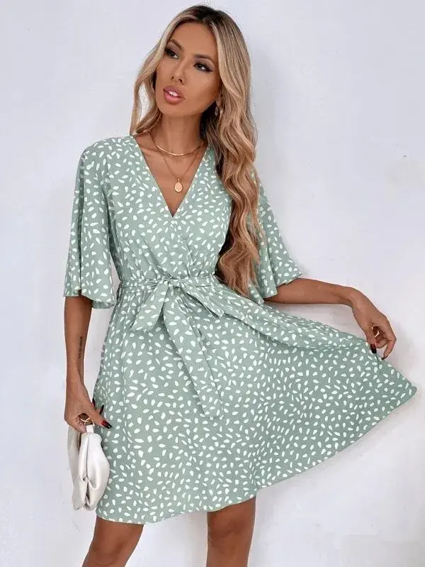 Thumbnail: Print Butterfly Sleeve v Neck Ruffles Dress