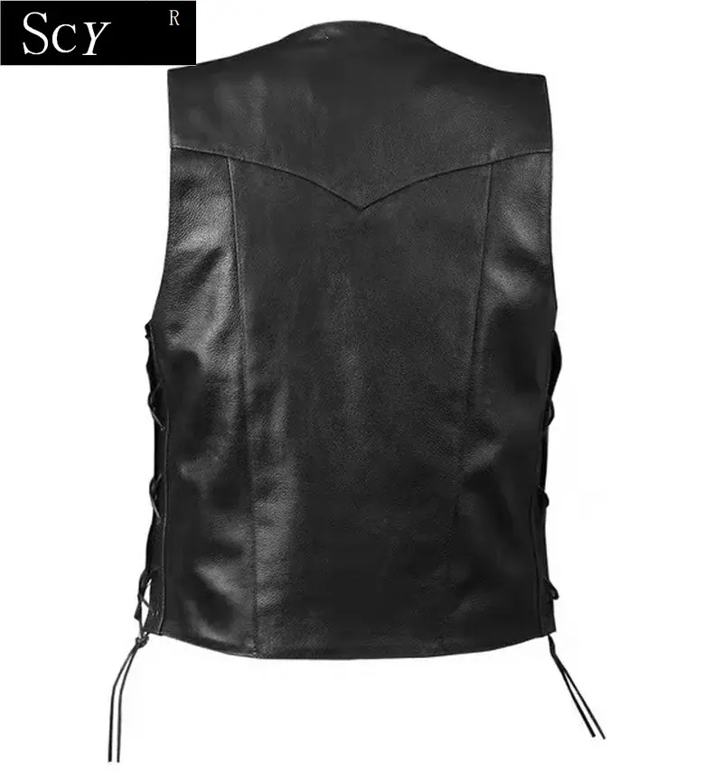 Thumbnail: Men Side Lace Denim Style Biker Motorcycle Leather Vest