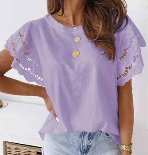 Thumbnail: O-Neck Ruffle Short Sleeve Top Elegant White Black  Women's Clothing