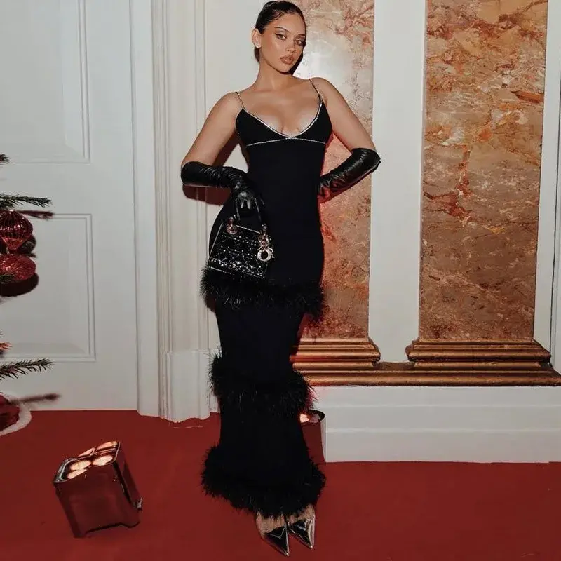 Deep V-Neck Feather Rhinestone Slit Party Dress for Women Plus Size