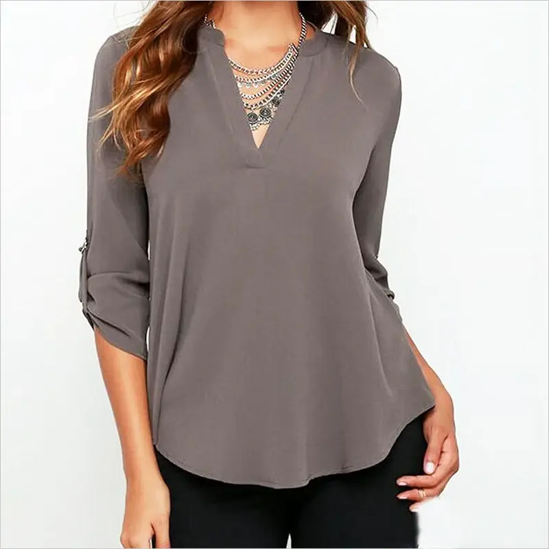 Thumbnail: Traf Tops Plus Size  V-Neck Long-Sleeved Pleated Sleeve Loose Shirt