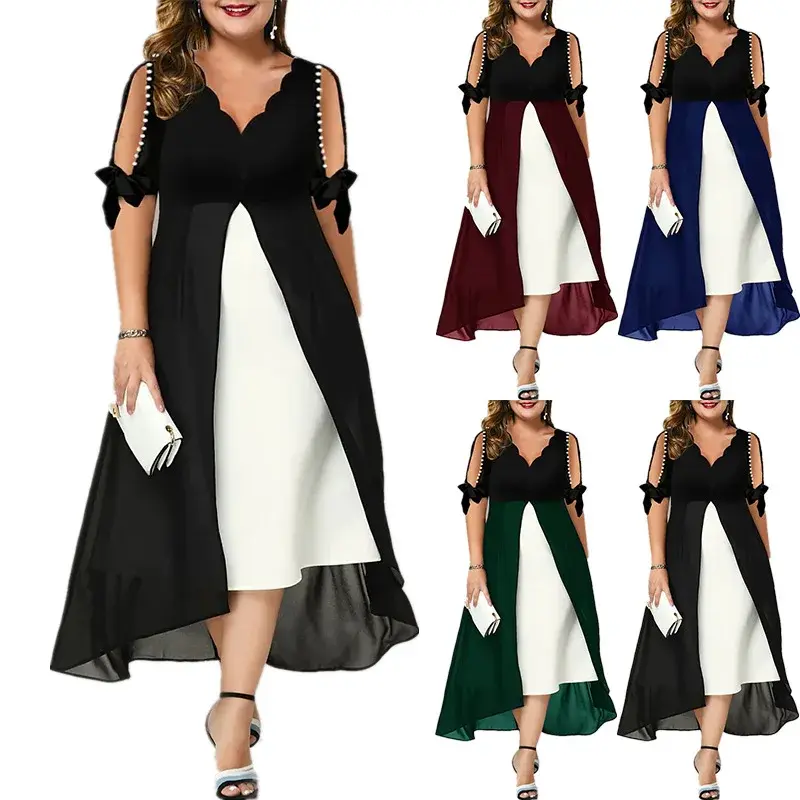 Thumbnail: Women Plus Size v Neck Patchwork Dress