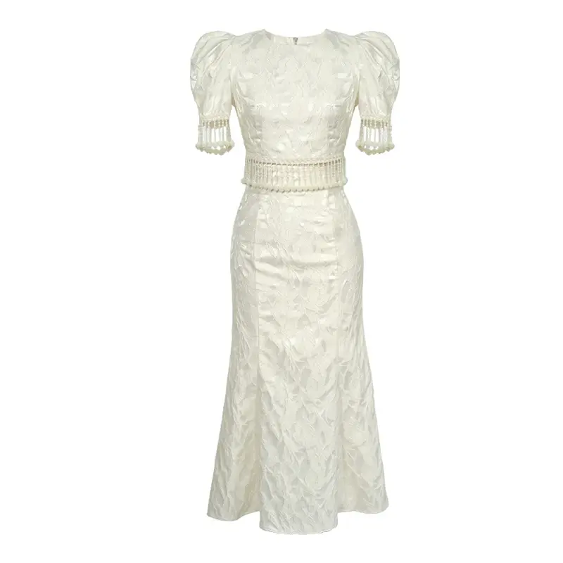 Thumbnail: Top End Satin Short Crop Top Fishtail Long Skirt Two Pcs Tropical Set