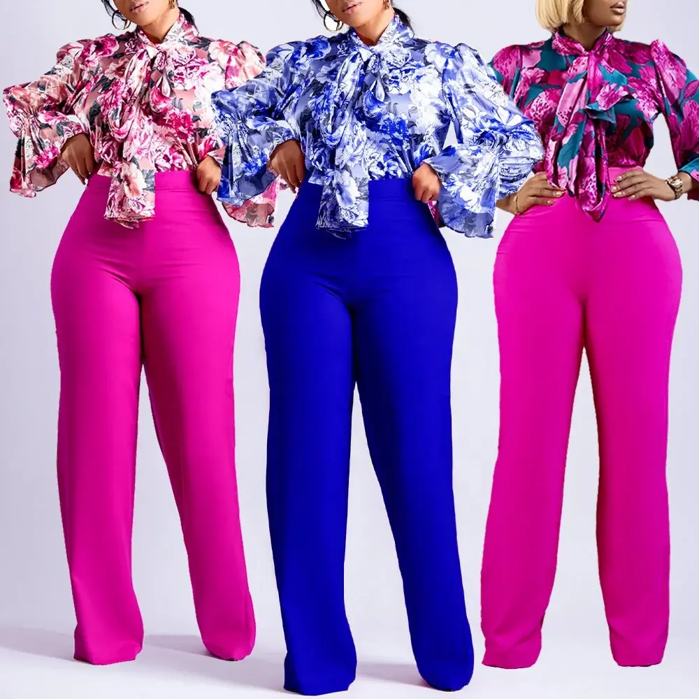 Plus Size Spring  Long Sleeve Printed Blouse Wide Leg Pants