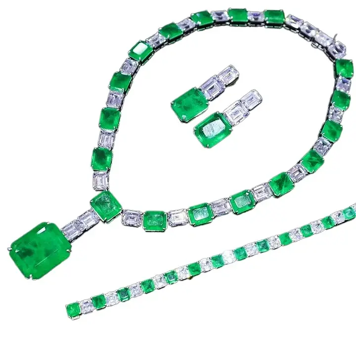 Thumbnail: Vintage 925 Sterling Silver White CZ Emerald Gemstone Jewelry Sets