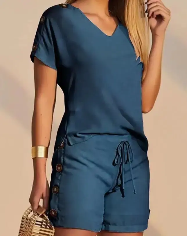 Thumbnail: Women's Suit Two Piece Set Fashion Buttoned V-Neck T-Shirt & Shorts Set