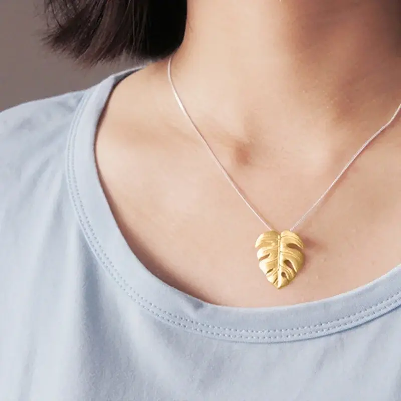 Thumbnail: Sets Monstera Leaf 18K Gold Plated  925 Sterling Silver Charms Pendant Earrings