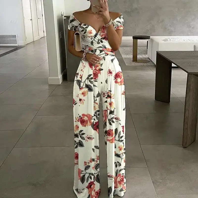 Thumbnail: Sleeve Floral Digital Print Waist Trousers Jumpsuit