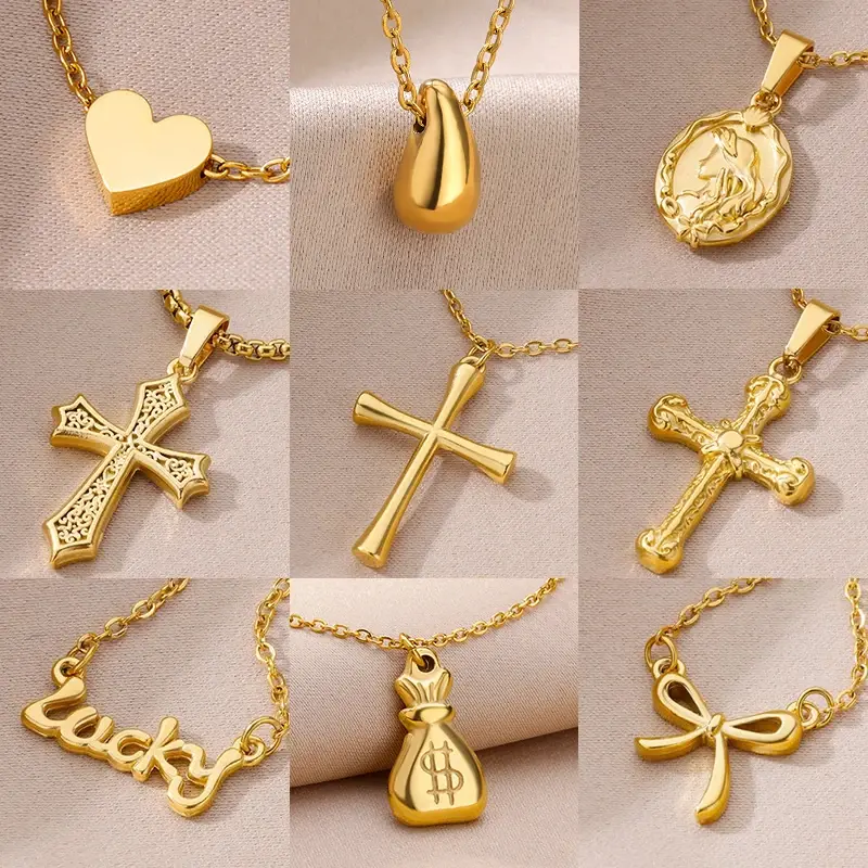 Goth Cross Necklace for Women Gold Color Stainless Steel