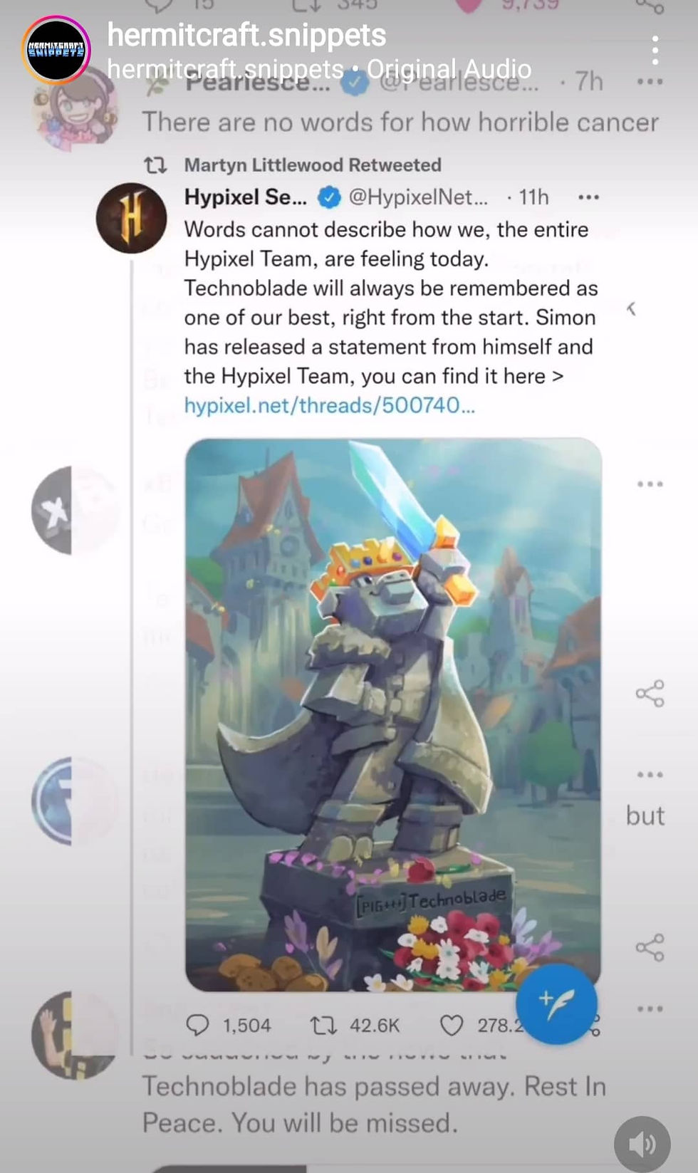 so long, technoblade. a tribute to the greatest, best minecraft youtuber. instagram reel by hermitcraft snippets. rest in peace