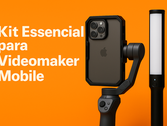 Imagem com fundo colorido mostrando um smartphone com cage, gimbal e bastão de LED, representando um kit de videomaker mobile para gravações com celular.