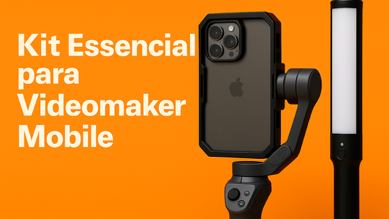 Imagem com fundo colorido mostrando um smartphone com cage, gimbal e bastão de LED, representando um kit de videomaker mobile para gravações com celular.