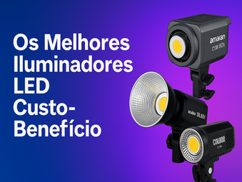 Imagem com fundo colorido exibindo três iluminadores LED profissionais, como o Godox SL60ii, Colbor CL60 e Amaran COB 60x. Ideal para vídeos e conteúdo audiovisual.