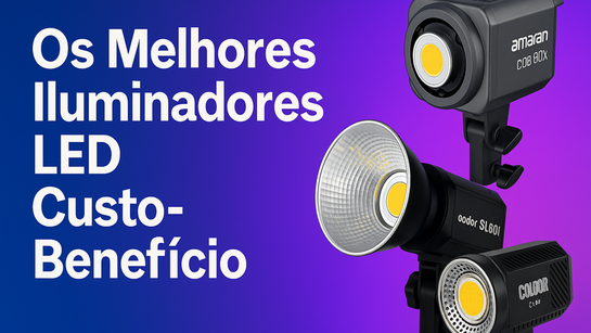 Imagem com fundo colorido exibindo três iluminadores LED profissionais, como o Godox SL60ii, Colbor CL60 e Amaran COB 60x. Ideal para vídeos e conteúdo audiovisual.
