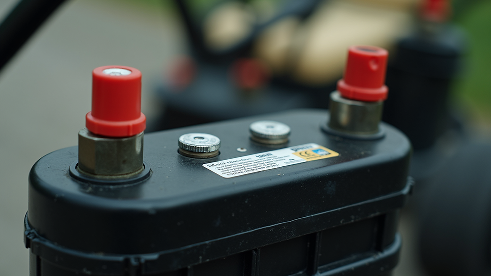 Close-up view of a golf cart battery with terminals and connectors