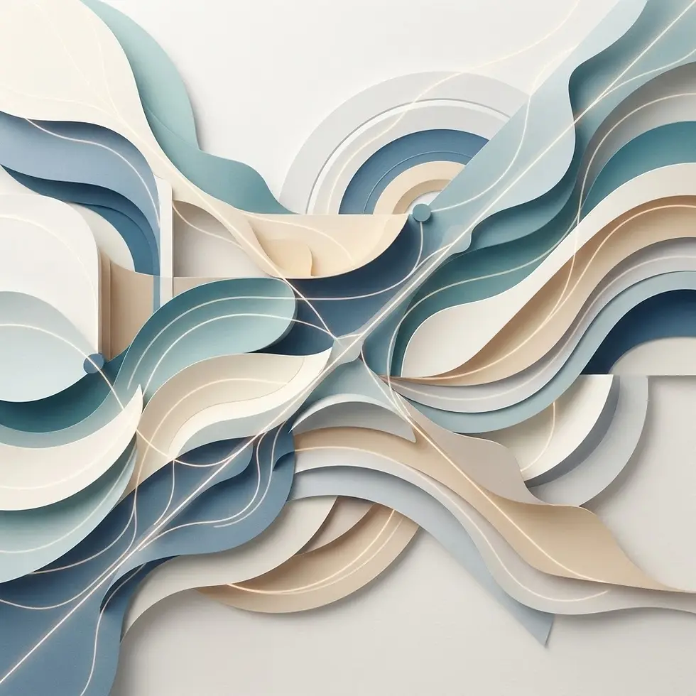 Paper art illustration featuring flowing, layered abstract shapes in muted blues and creams. The elegant composition evokes a sense of organic movement and serene beauty.