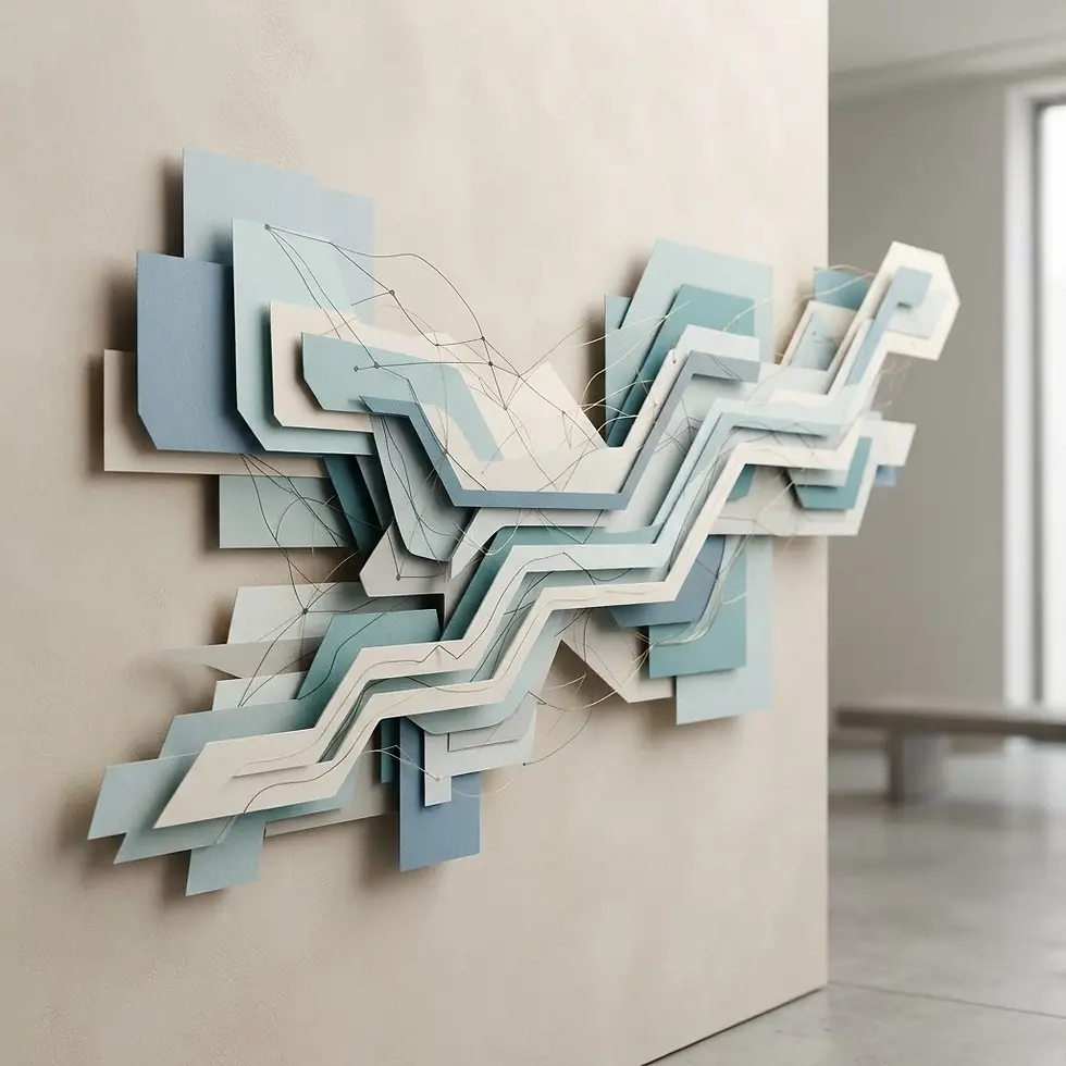 Digital art sculpture of abstract, layered geometric shapes in shades of blue, beige, and grey. Delicate wires connect parts of the intricate design mounted on a wall.