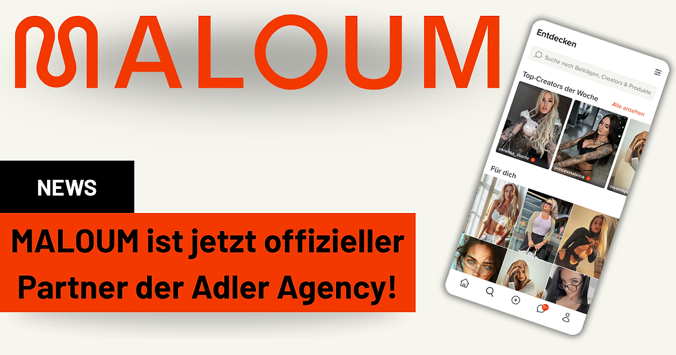 Maloum ist offizieller Partner der Adler Agency – News-Grafik mit Maloum-Logo und Creator-Profilübersicht der Plattform