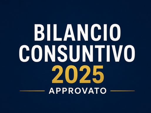 Text "BILANCIO CONSUNTIVO 2025 APPROVATO" in bold white and gold on a dark blue background, suggesting approval and formality.