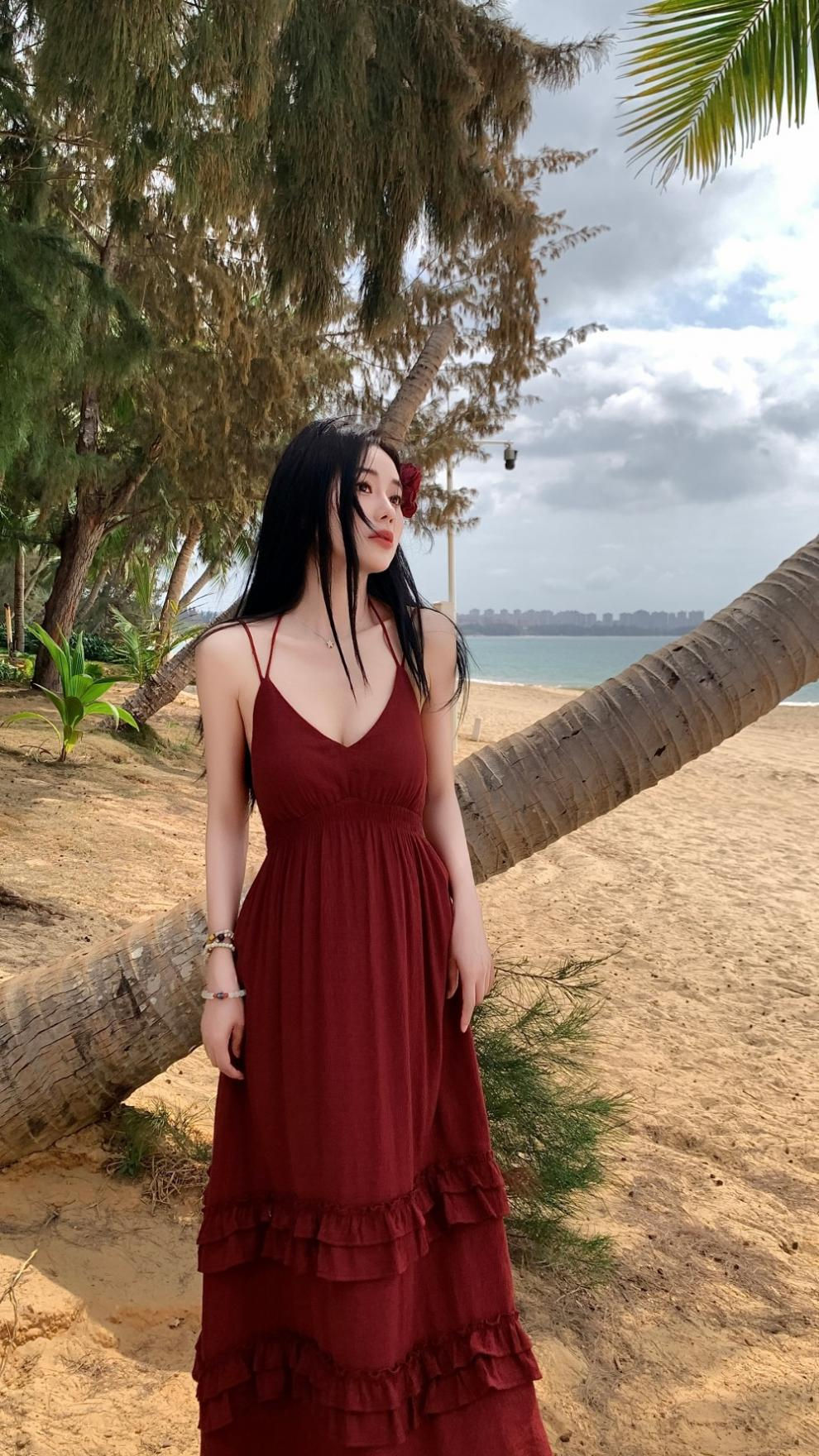 DS26536 Maroon Tie Straps Layer Dress