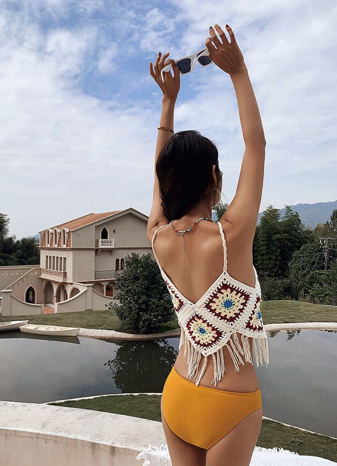 Thumbnail: SKX243 Balinese Tassels Crochet Top with Yellow Pantie Bikini