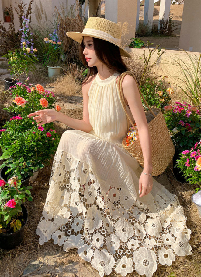 Thumbnail: DS2899 Beige Flora Lace Round Neck Dress