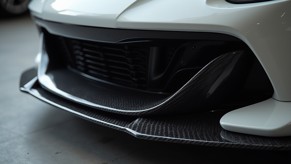 Close-up view of a carbon fiber splitter installed on a sports car front bumper