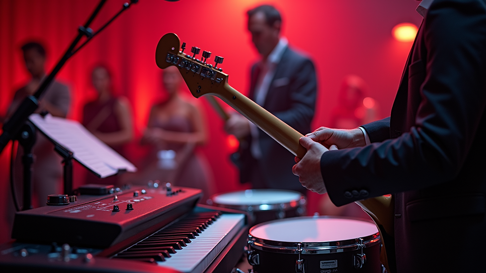 Close-up view of a wedding band’s instruments set up on stage