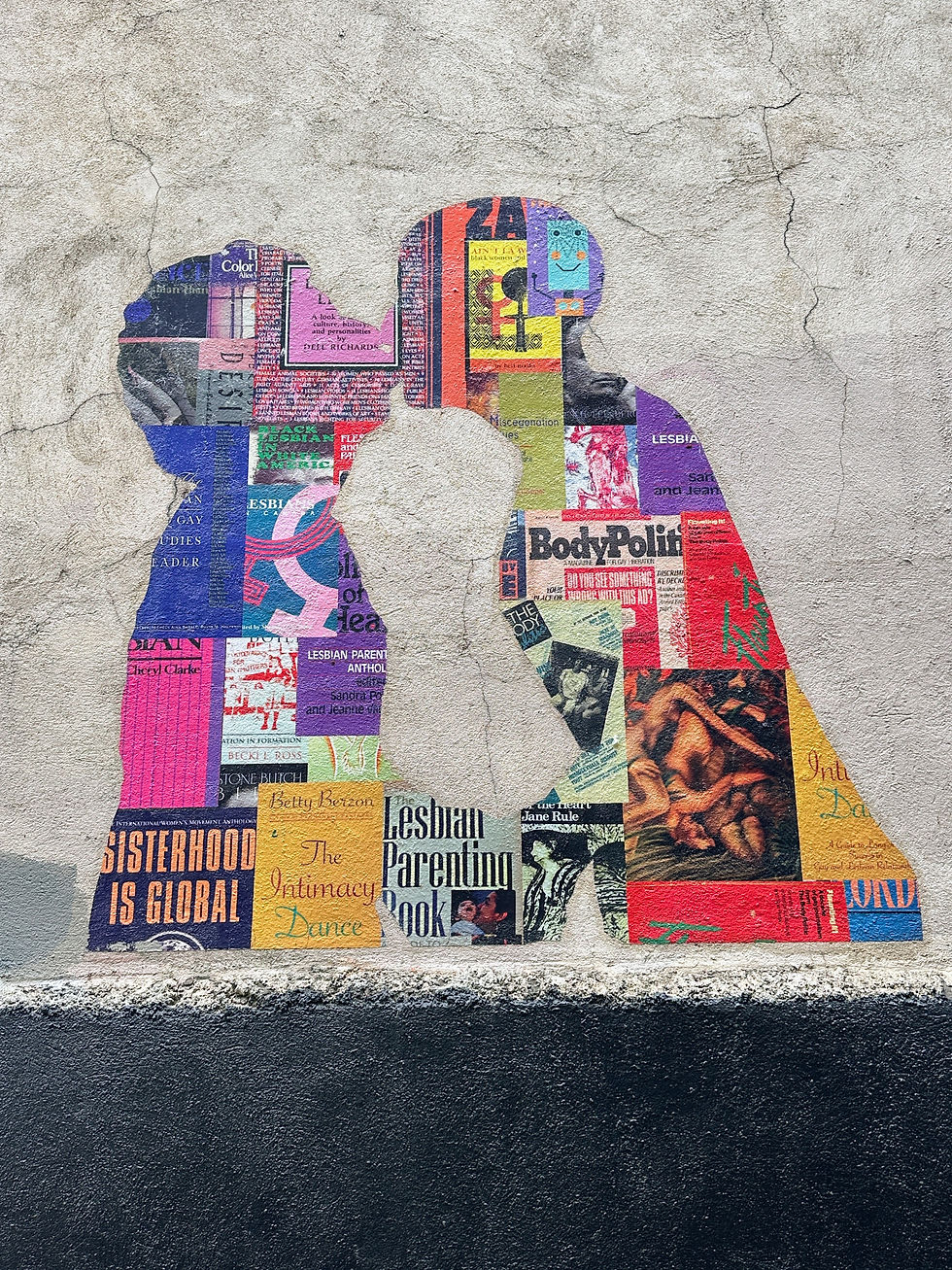 Collages of silhouettes of people kissing on west side of Dapper Lane.