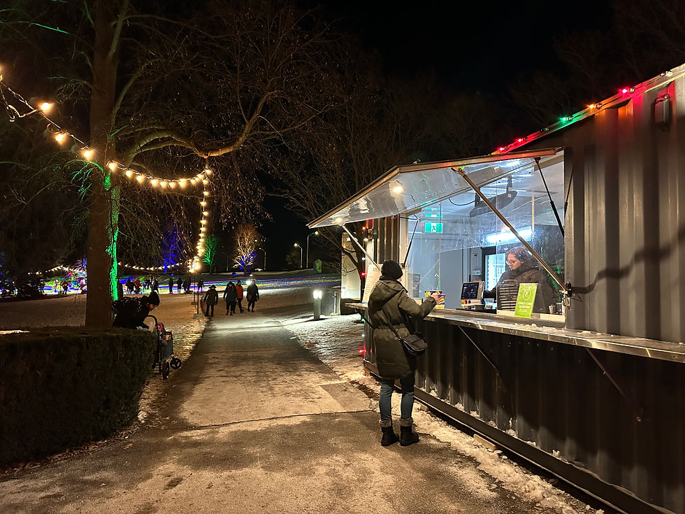 Many booths sell hot chocolate (and alcohol) around Winter Wonders at Royal Botanical Gardens