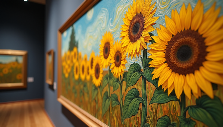 Close-up view of the Van Gogh Museum’s vibrant Sunflowers painting