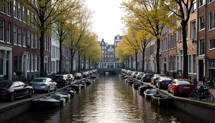 Eye-level view of canal houses lining a narrow waterway in Amsterdam