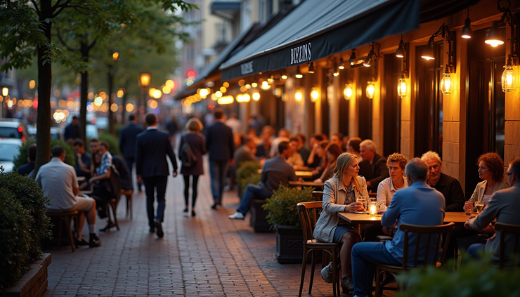 High angle view of a bustling outdoor café terrace in Amsterdam at dusk