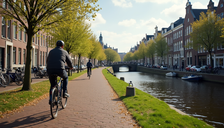 Wide angle view of a cyclist riding along a canal path with historic buildings in the background