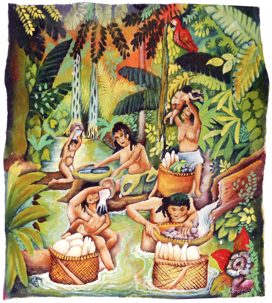 Mujeres bañándose y lavando la yuca