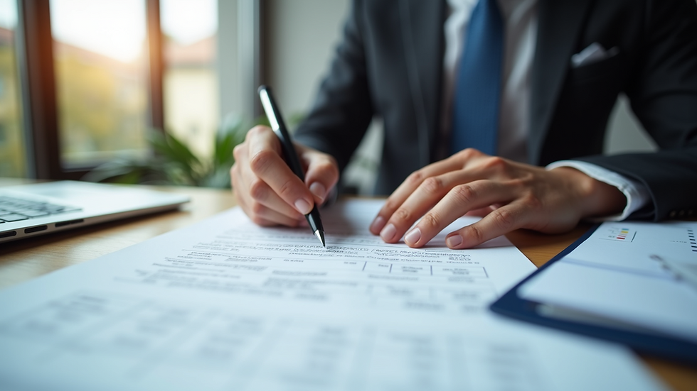 Eye-level view of a professional reviewing tax documents at a desk
