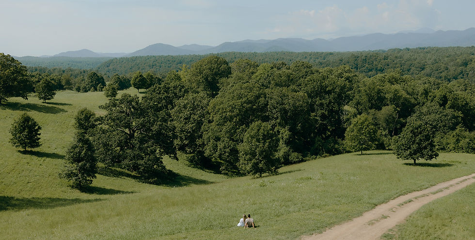 A couple sits on a grassy hill overlooking a lush forest, with mountains in the distance. A dirt path runs through the serene landscape.