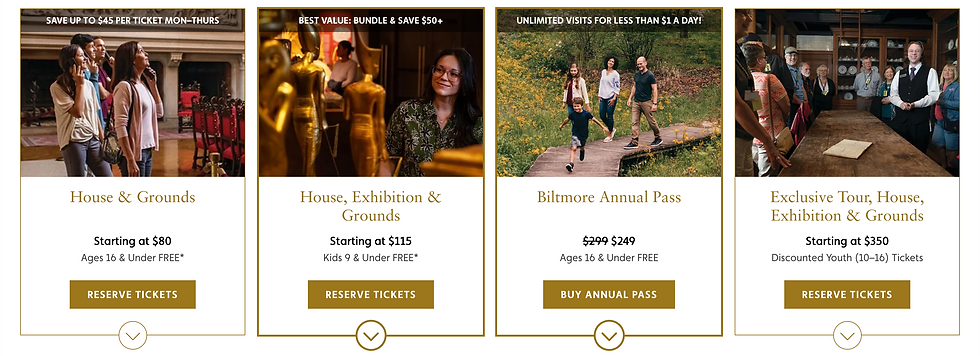 Four images showcase various Biltmore tours and pricing. People explore indoors and outdoors. Offers and savings are highlighted.