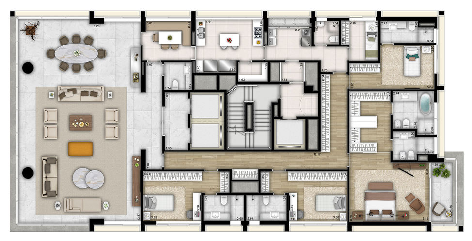 1 Planta tipo 358 m² 4 suítes 4 vagas