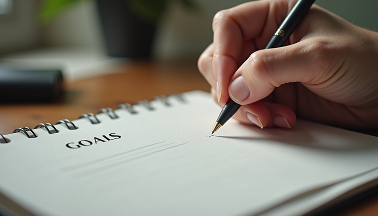 Eye-level view of a person writing goals in a notebook on a wooden desk