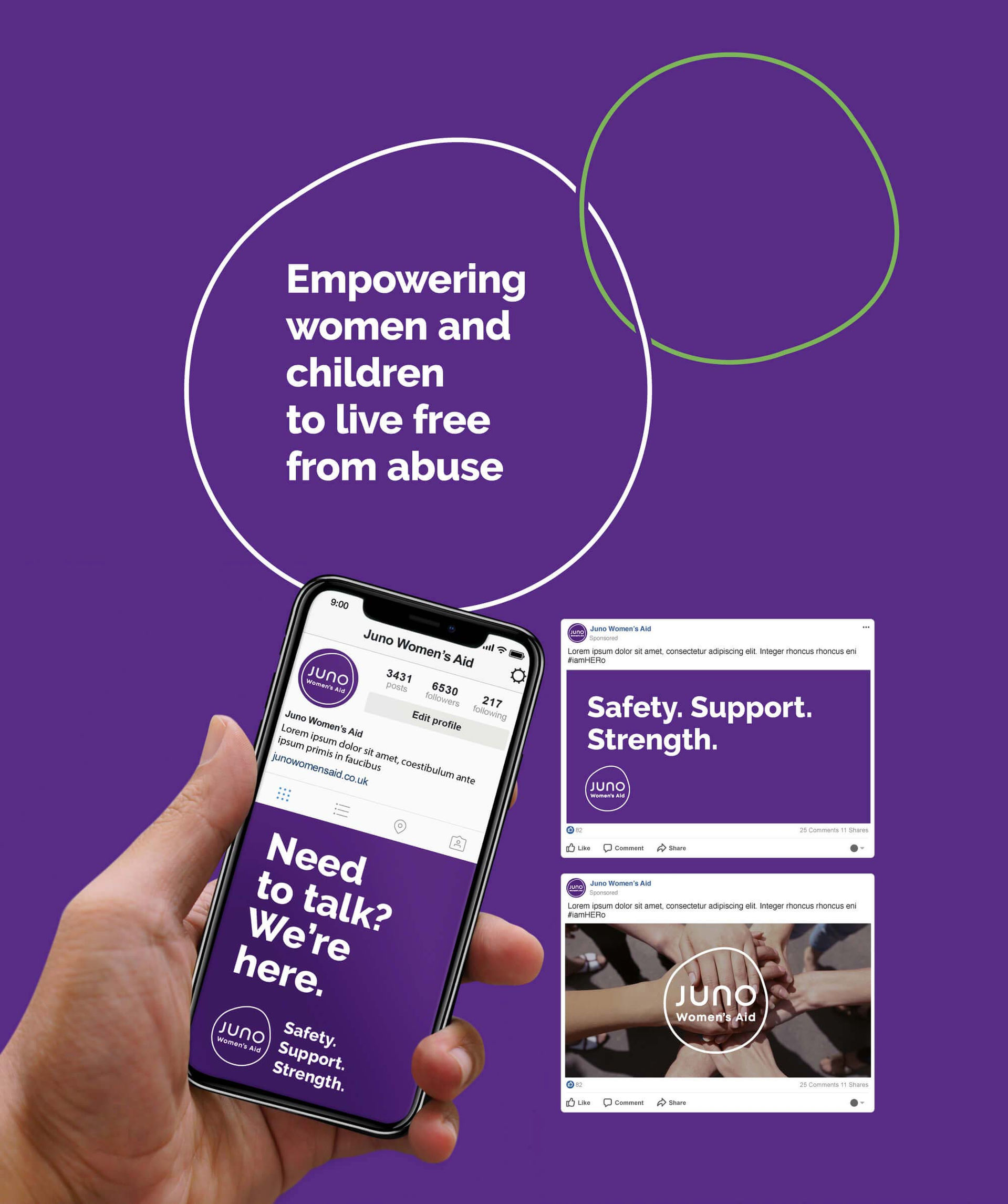 Juno Women's Aid branded social media mock ups