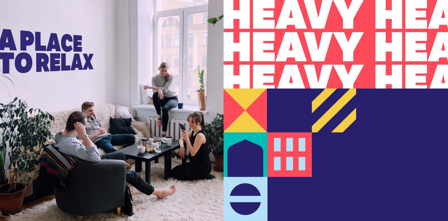 Optivo brand image with students sat around a sofa