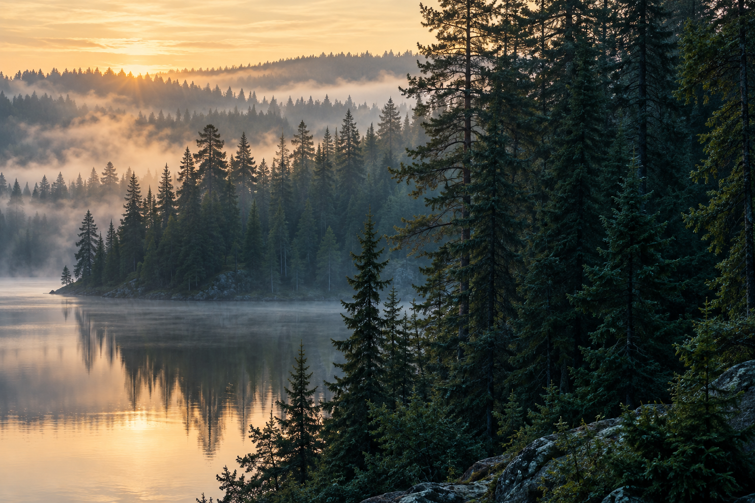 Mist drifting through a northern pine forest at dawn