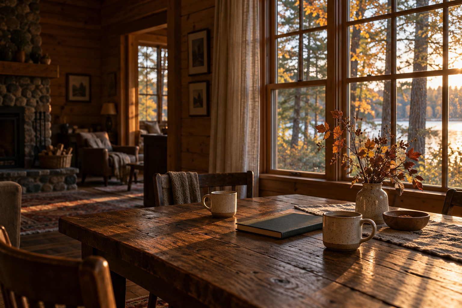 Coffee cups and a journal on a wooden table in a sunlit cabin