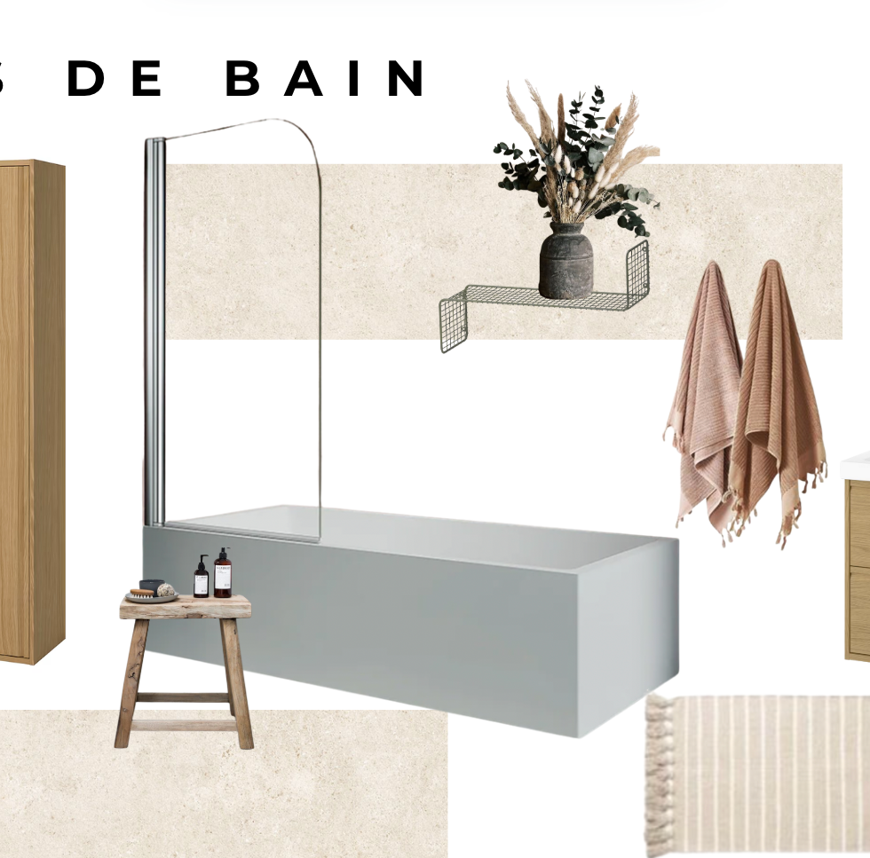 Moodboard salle de bain chic et contemporaine avec design épuré et céramique beige.