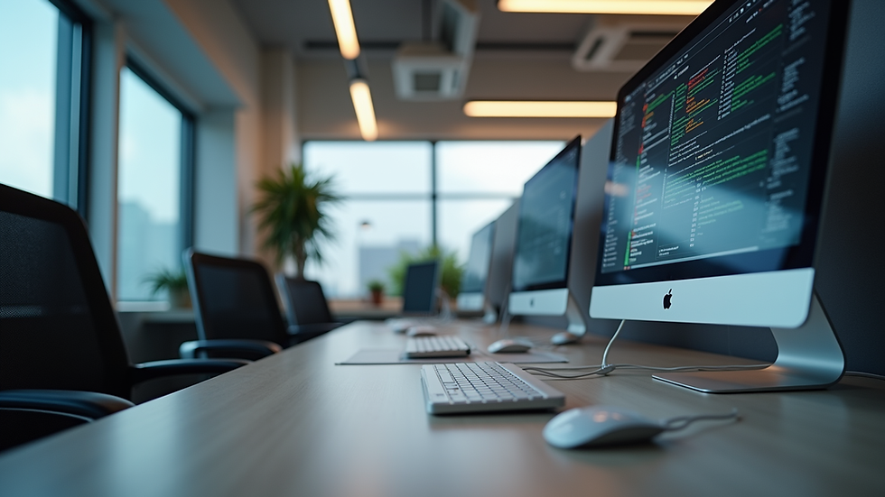 Eye-level view of a modern office workspace with multiple digital devices