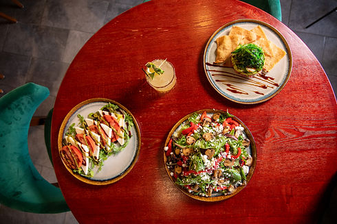 Delicious food on red table.