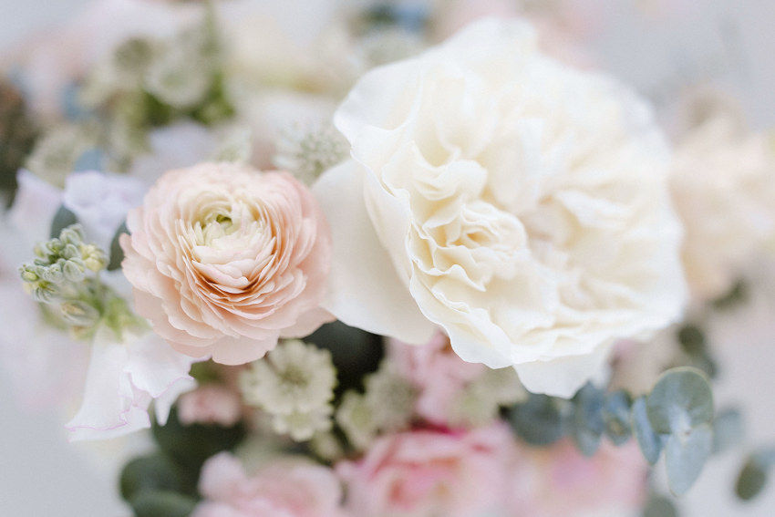 Peach ranunculus and ivory David Austin Lenora roses