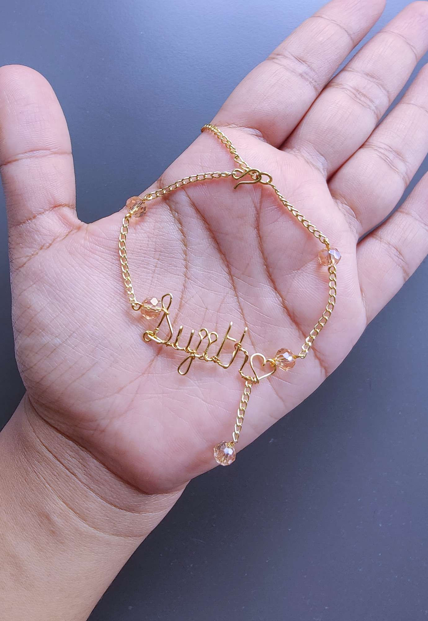 Name Bracelet with pink crystal on chain - gold