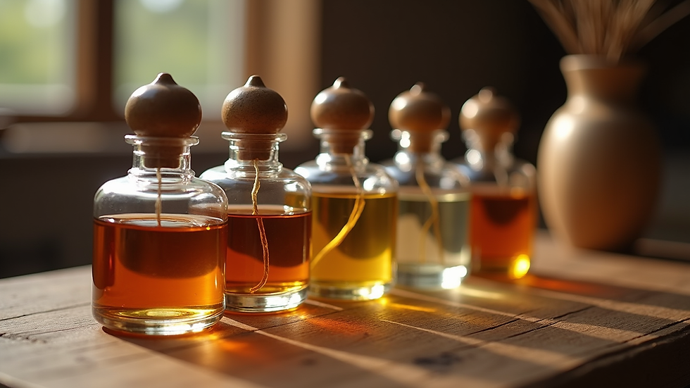 Close-up view of traditional Arabian perfume bottles arranged on a wooden table